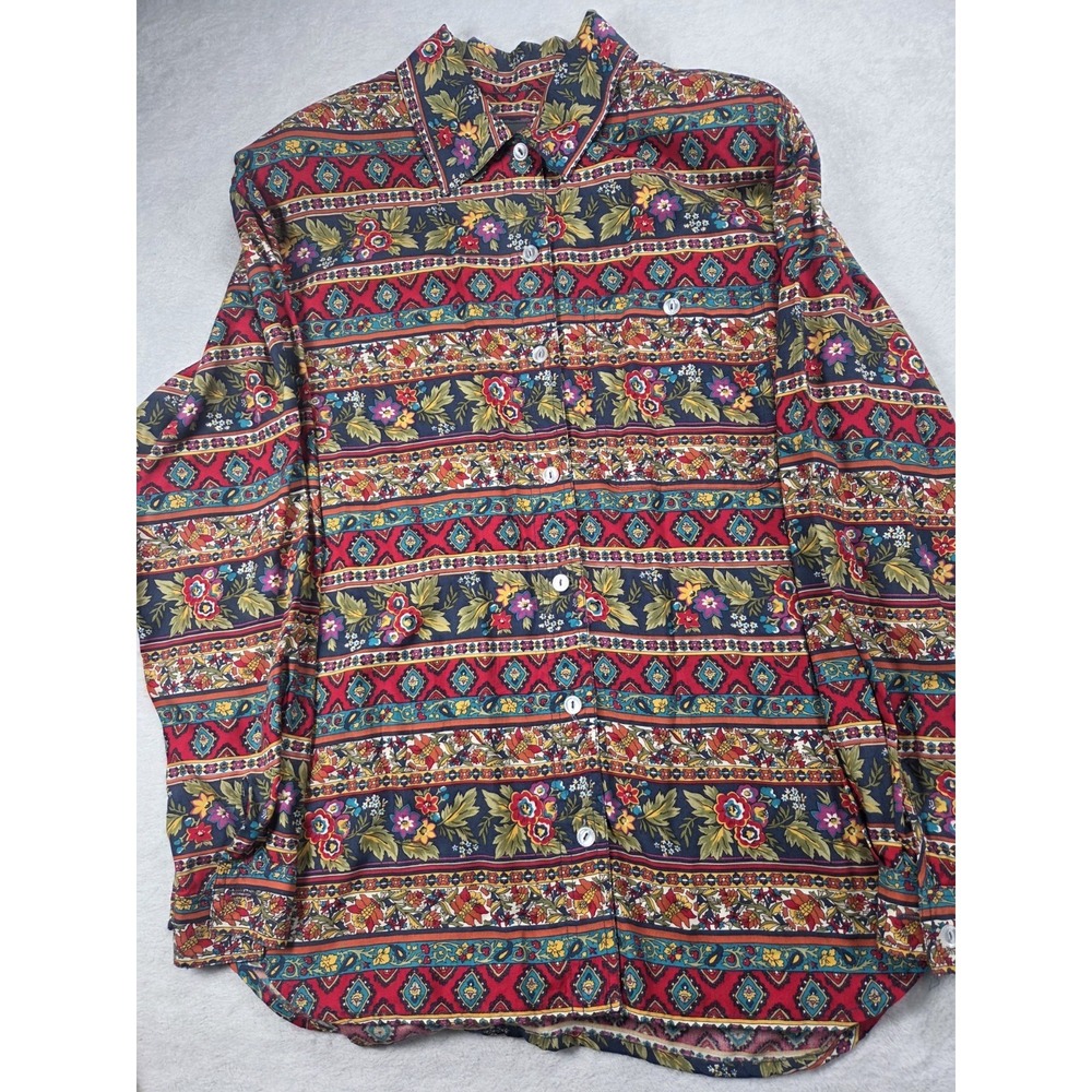 Vintage Lizwear Floral Stripe Button Up Shirt Women M Cottagecore Boho 90s Top